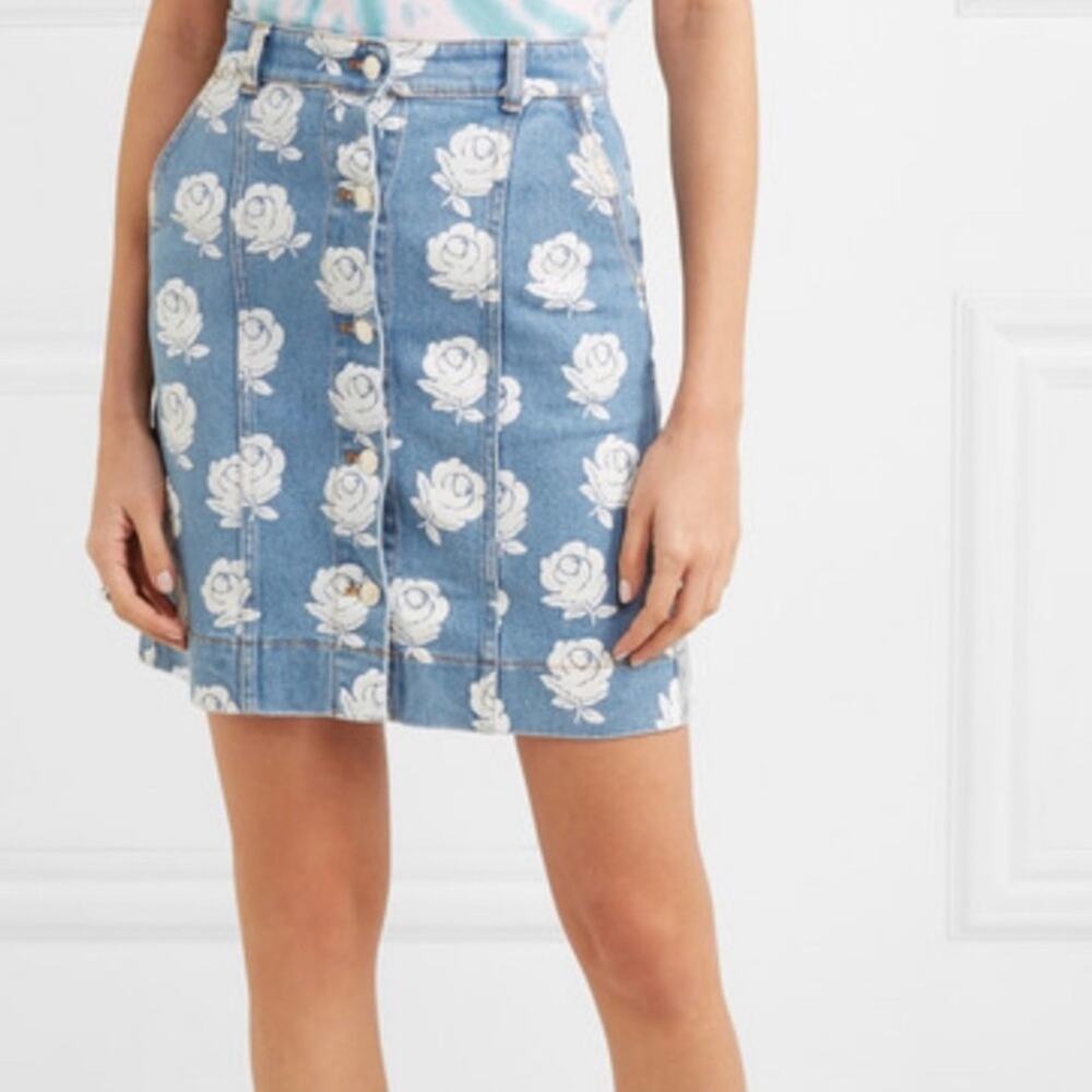 Kenzo Rose Print Lightwash Denim Button Front Mini Skirt Size 6